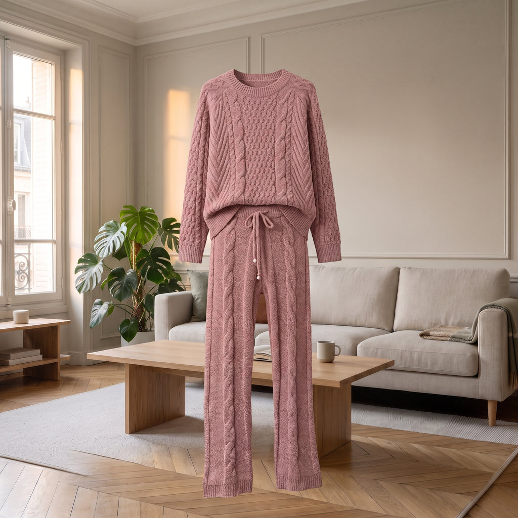 Ensemble pyjama polaire femme vieux rose présenté de face, coupe entière