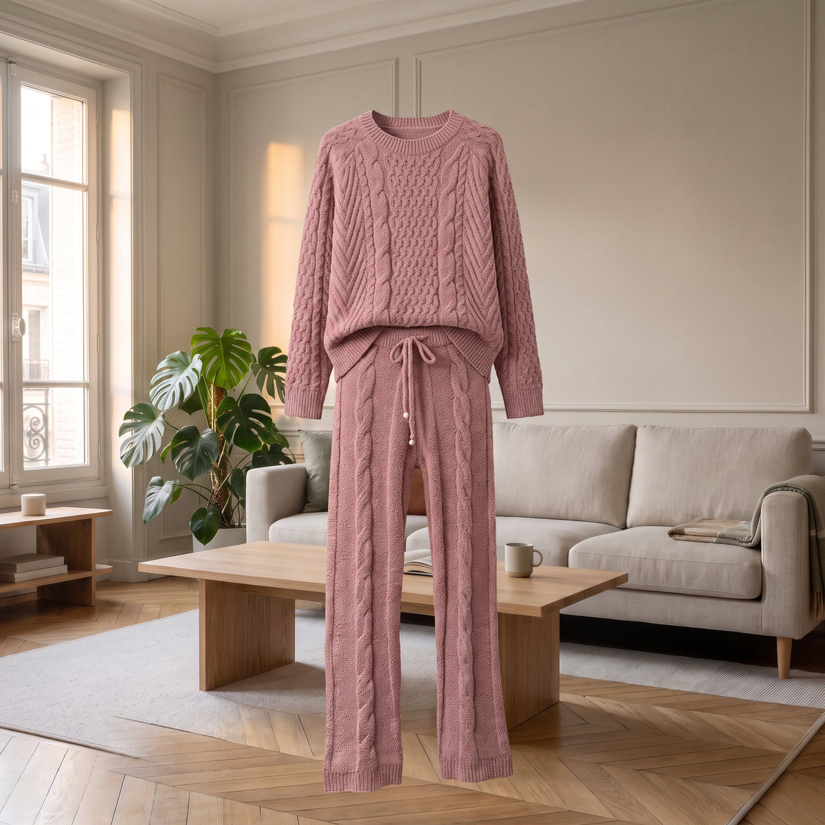 Ensemble pyjama polaire femme vieux rose présenté de face, coupe entière