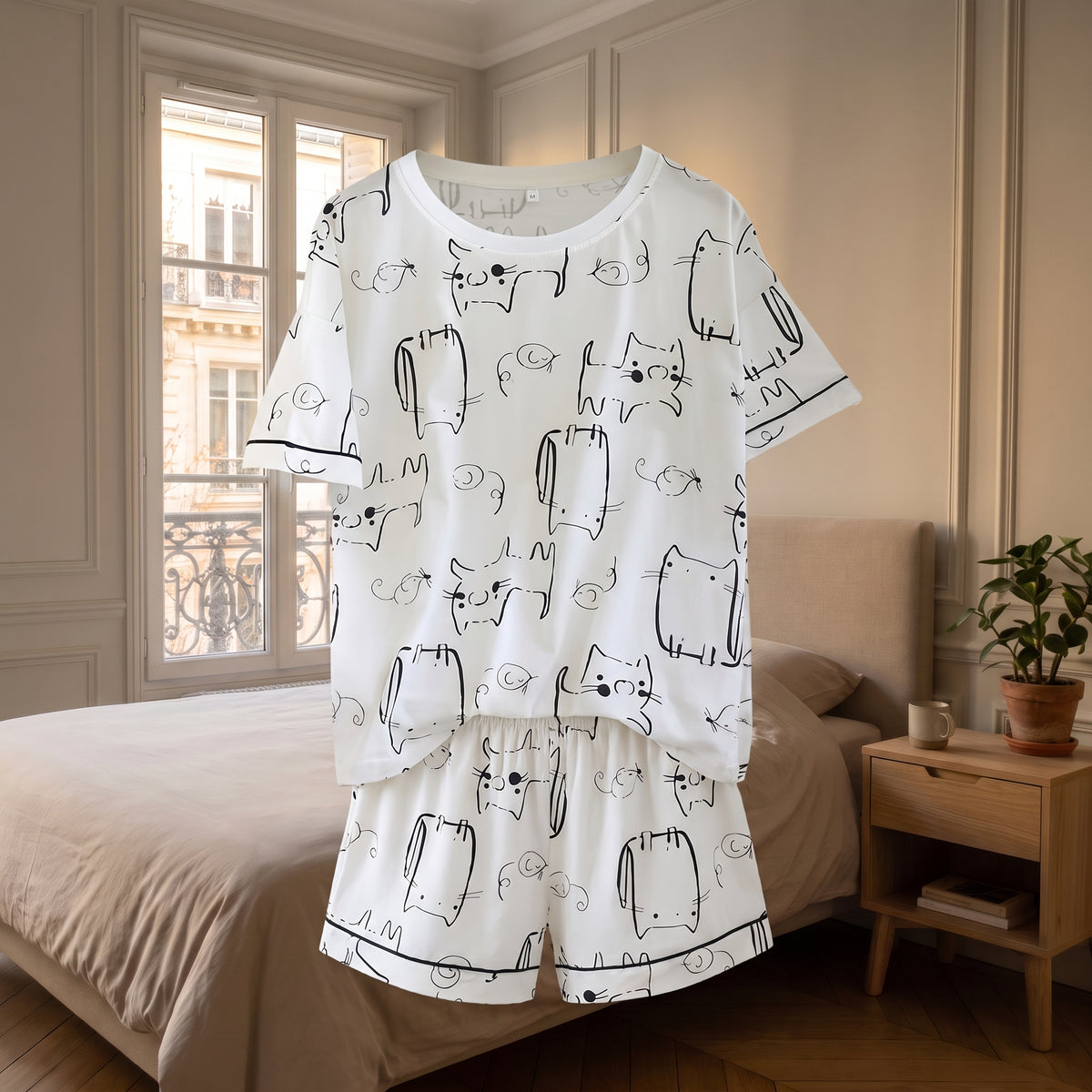 Ensemble pyjama court femme imprimé chats présenté de face, coupe entière