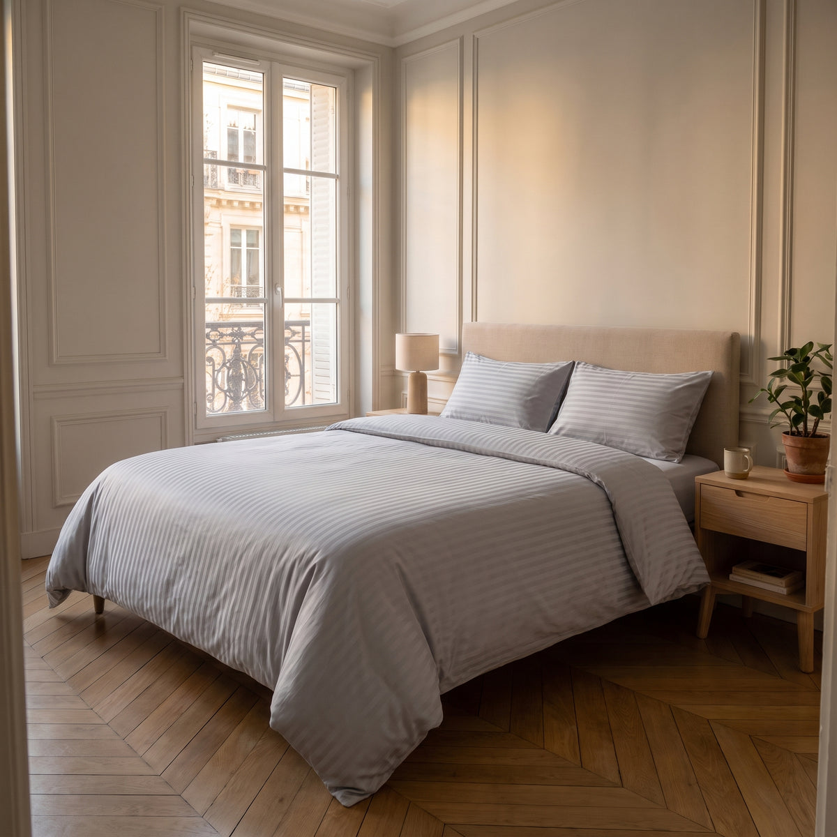 Parure de lit rayée grise dans une chambre claire, vue d'ensemble du lit