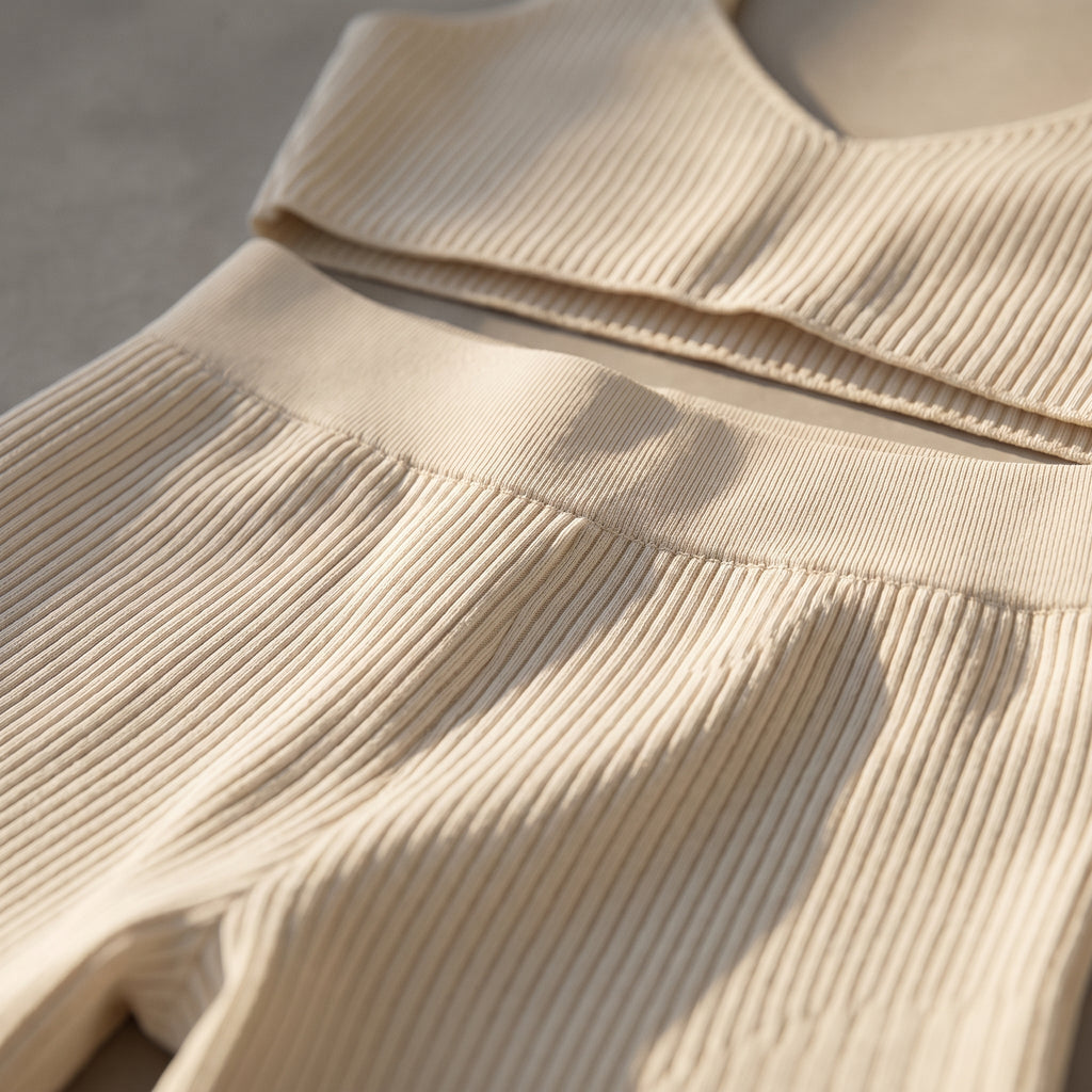Gros plan de la maille côtelée beige et de la ceinture du short