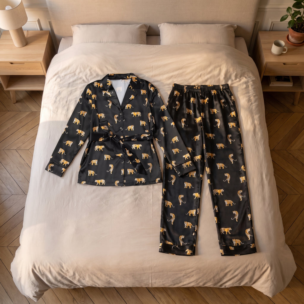 Haut et pantalon du pyjama en satin imprimé tigres dépliés à plat sur un lit
