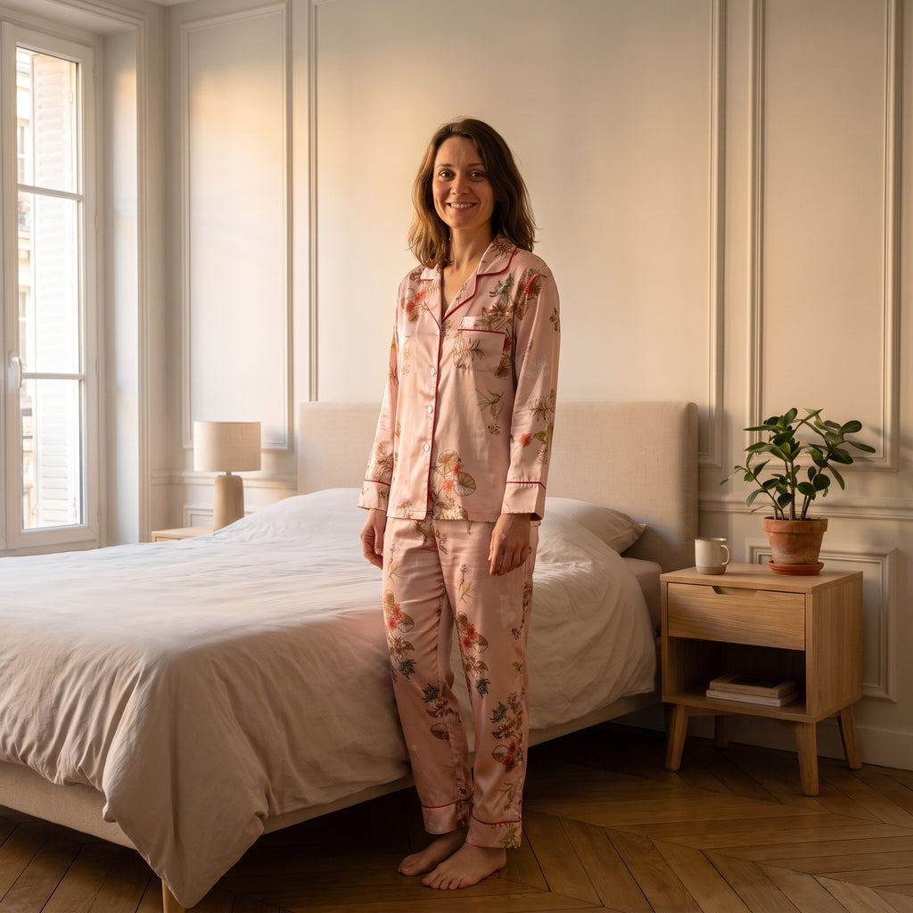 Pyjama leger femme manches longues satin rose clair fleuri porte