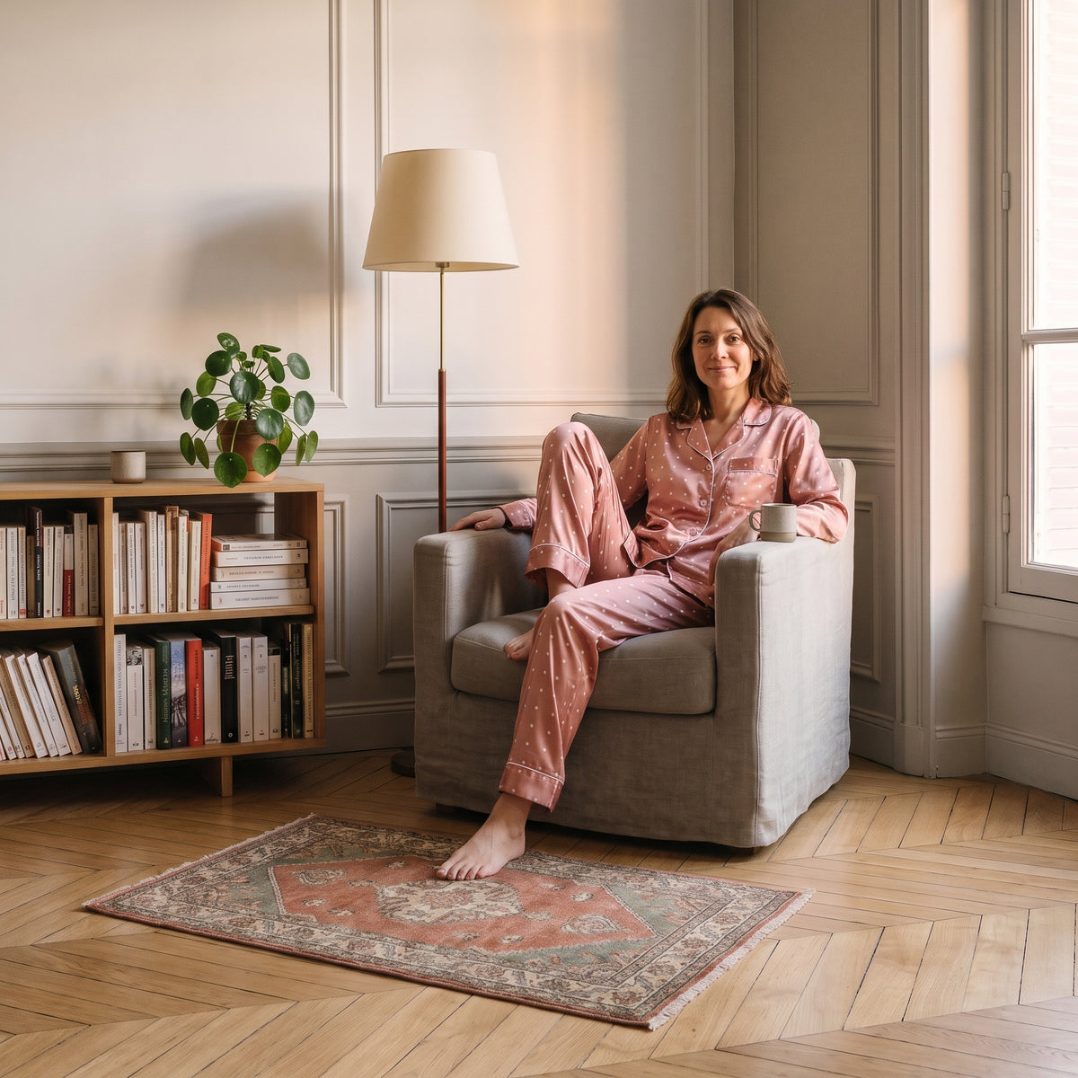 Pyjama leger femme manches longues satin rose a pois porte