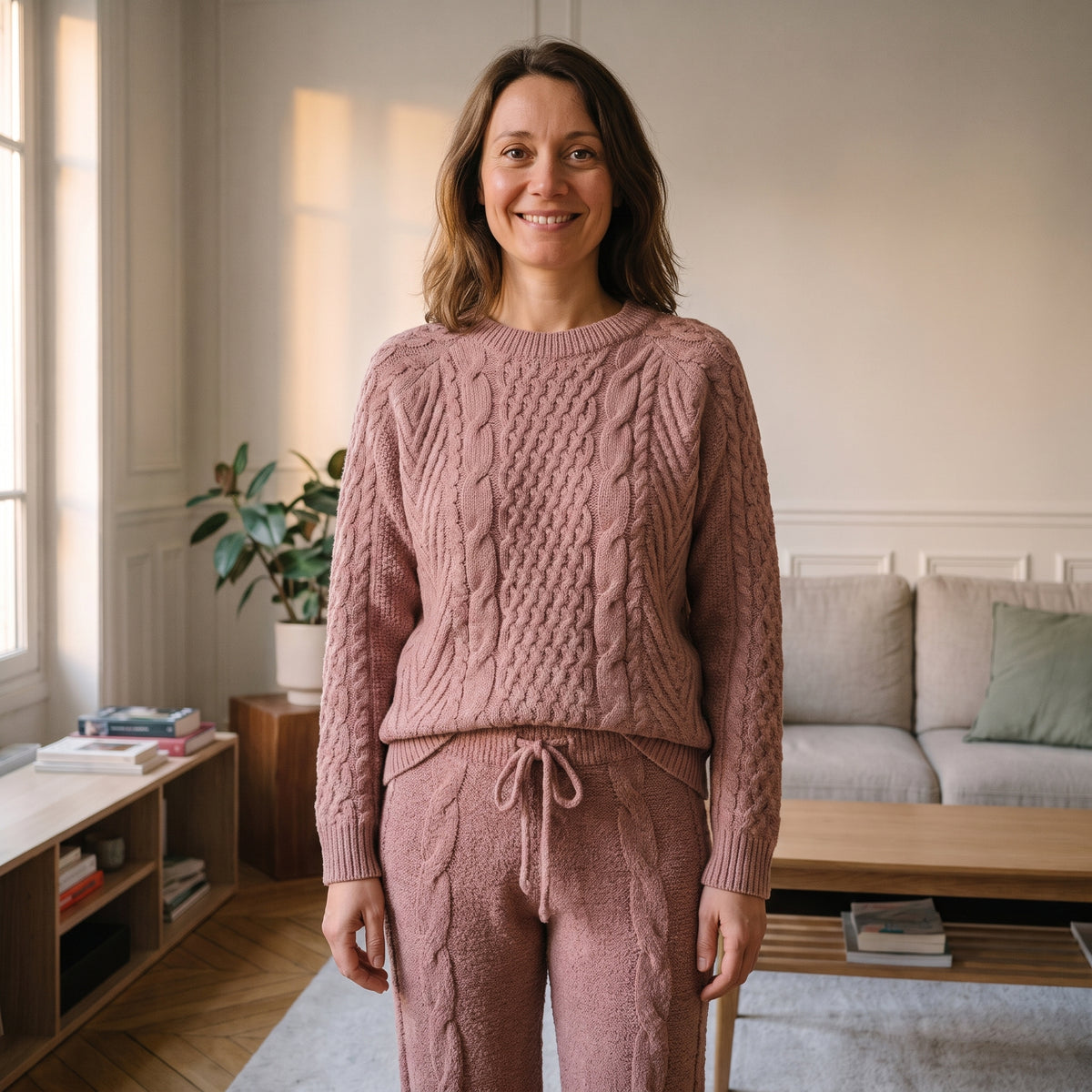 Pyjama polaire femme deux pièces vieux rose porté dans un salon