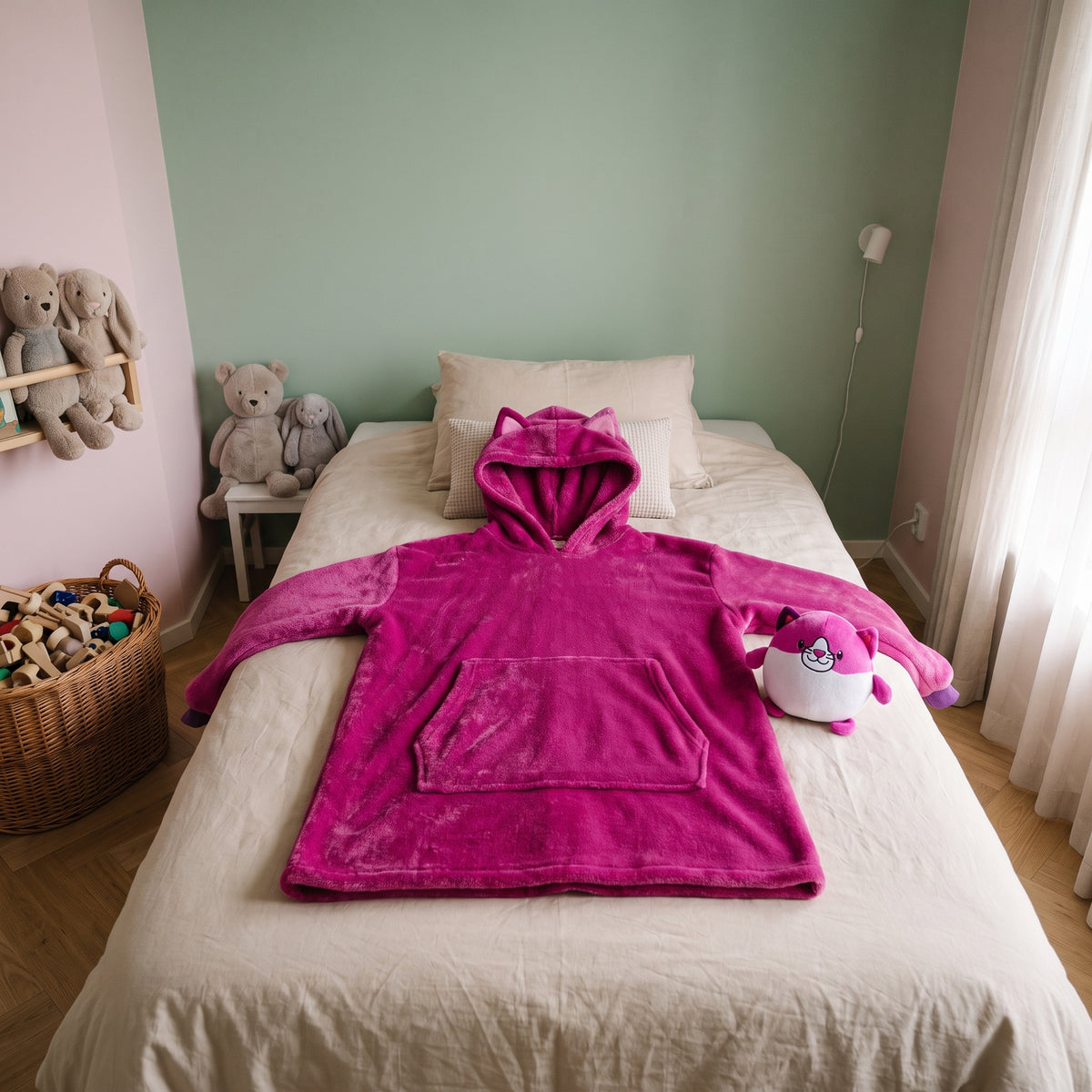 Plaid à capuche enfant chat rose, étalé sur le lit avec son doudou