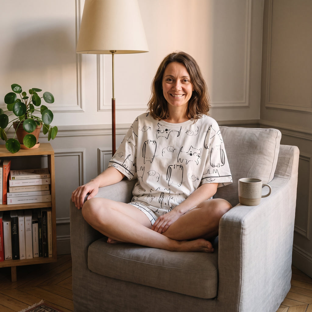 Femme installée dans un fauteuil de lecture en pyjama court imprimé chats