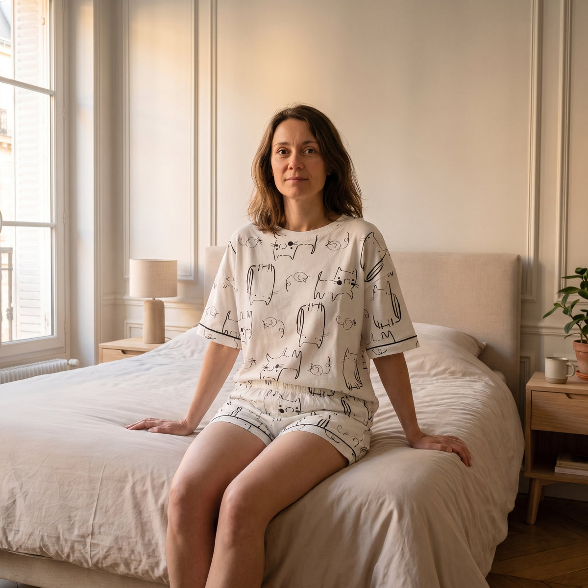 Femme assise au bord du lit en pyjama court coton imprimé chats