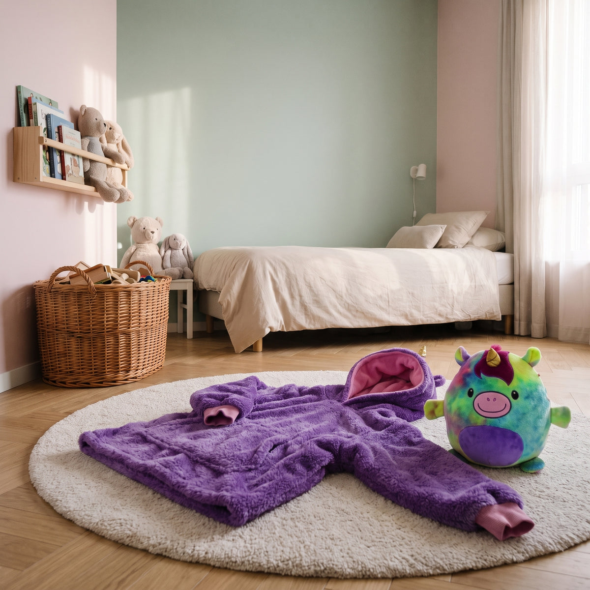 Plaid à capuche enfant licorne violette, posé sur le tapis de la chambre avec son doudou