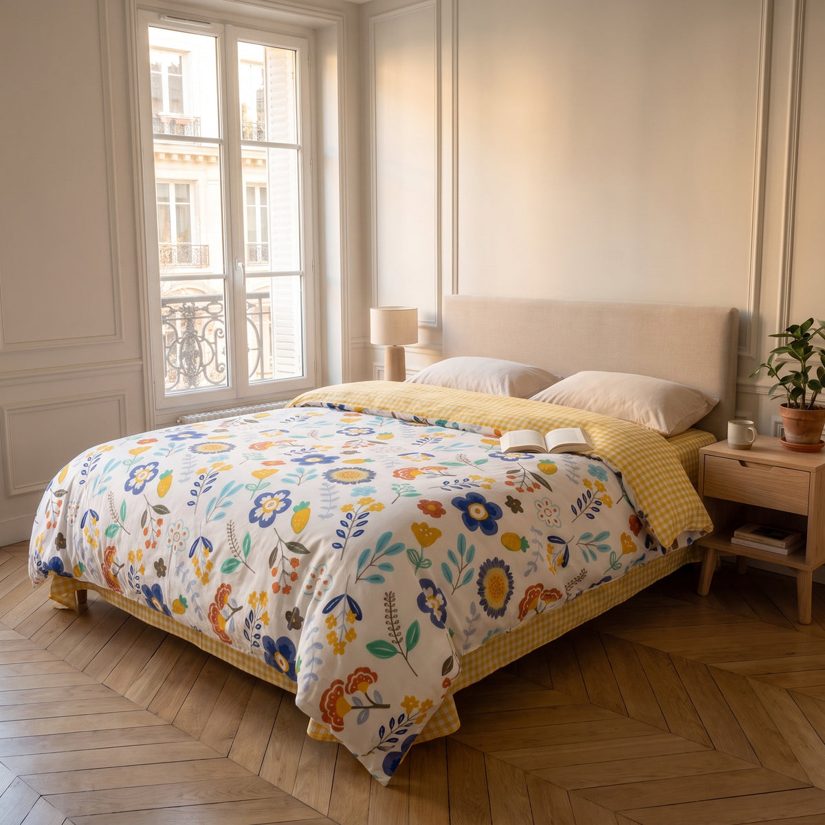 Housse de couette fleurie sur un lit deux places dans une chambre claire