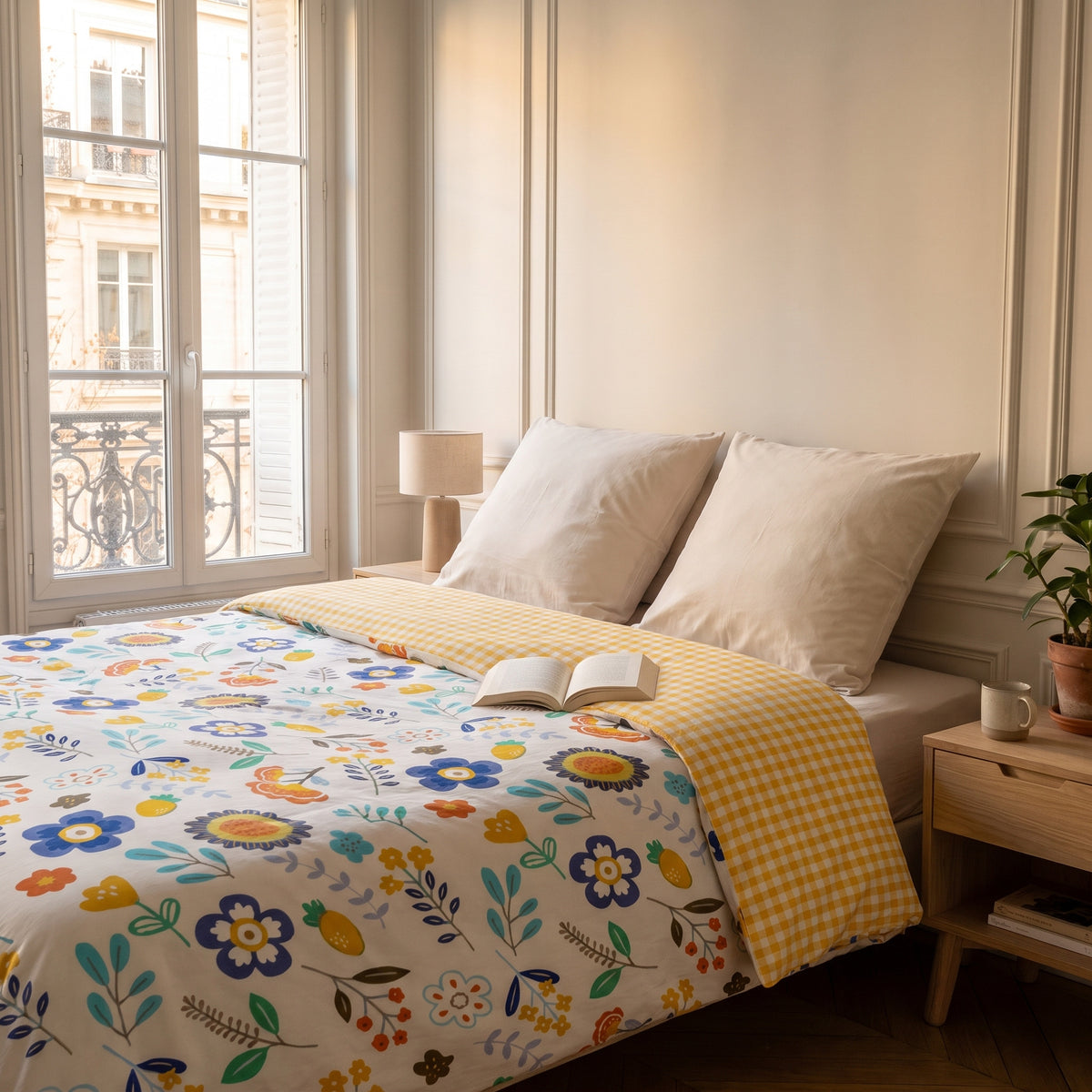 Tête de lit habillée de la housse de couette fleurie, dos vichy jaune replié