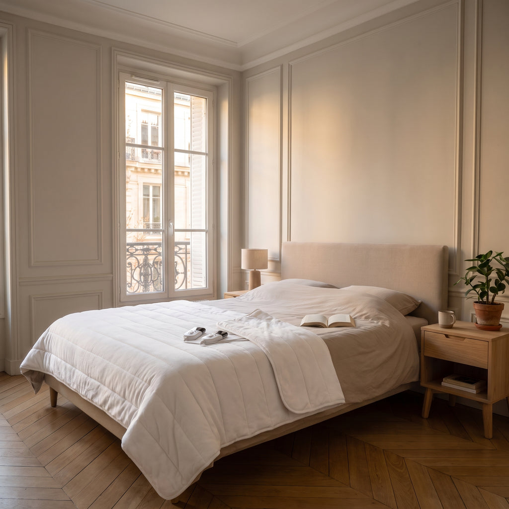 Couverture chauffante double blanche matelassée posée sur le lit, avec ses deux boîtiers de commande