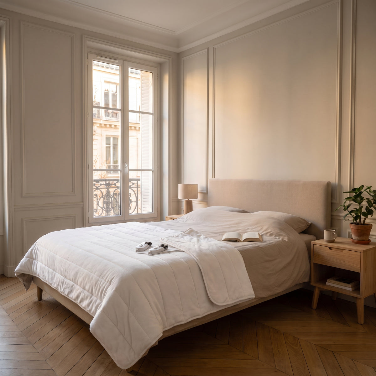 Couverture chauffante double blanche matelassée posée sur le lit, avec ses deux boîtiers de commande