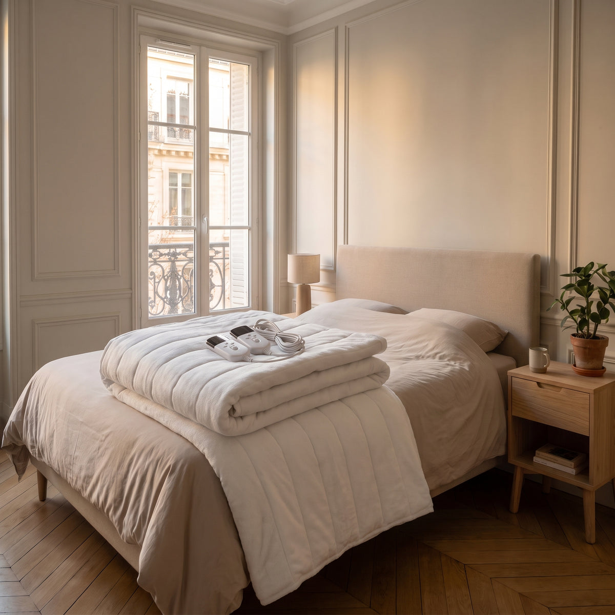 Couverture chauffante double blanche pliée au pied du lit, boîtiers de commande posés dessus