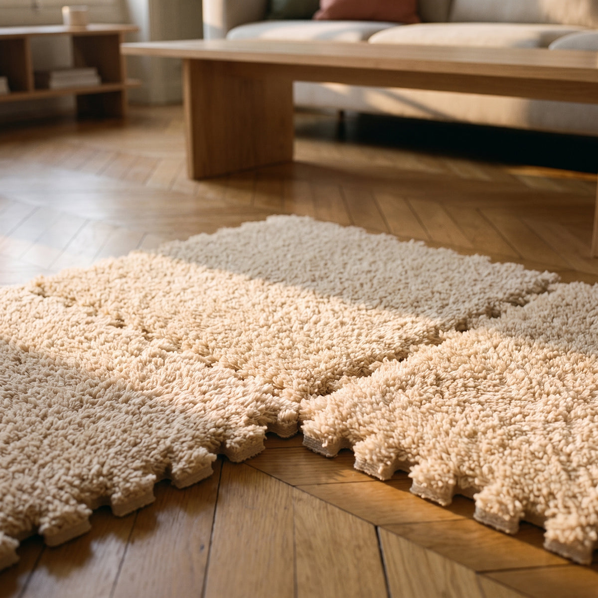 Fibres longues et bord emboîtable d'un carré de tapis en mousse
