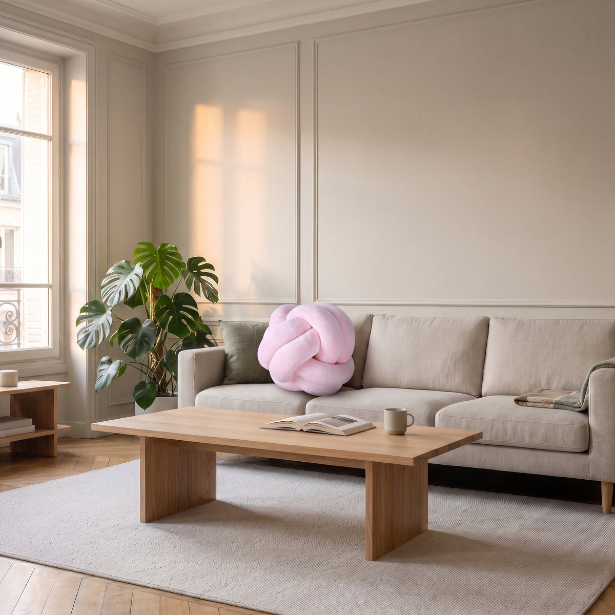 Coussin nœud marin rose sur un canapé