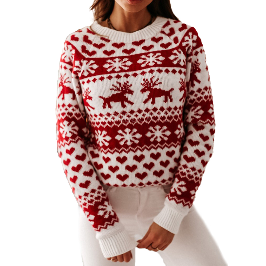 Pull de Noël femme blanc à motifs rouges porté de face