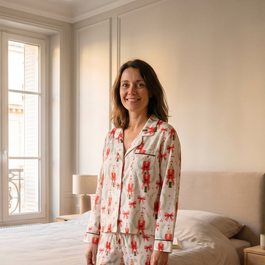Pyjama de Noël femme écru à casse-noisettes porté à mi-cuisse