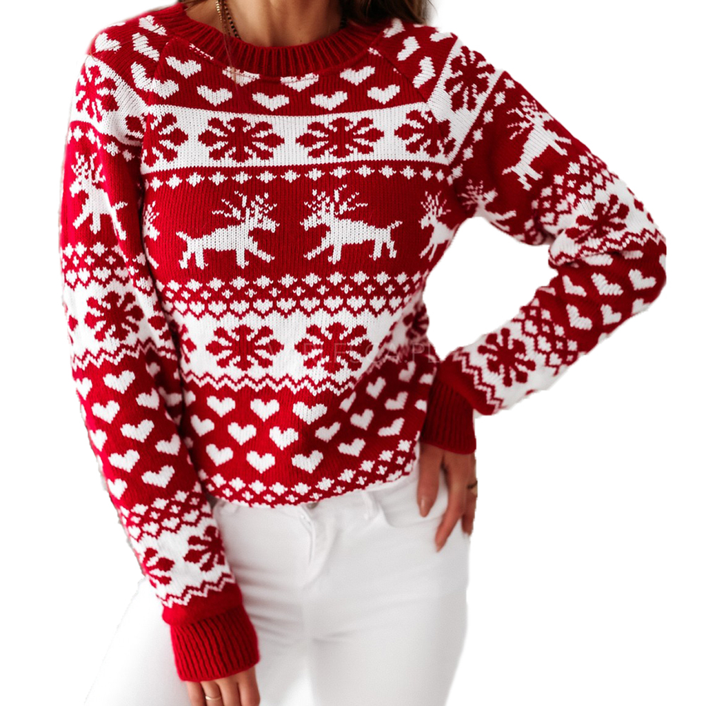 Pull de Noël femme rouge à motifs blancs porté de face