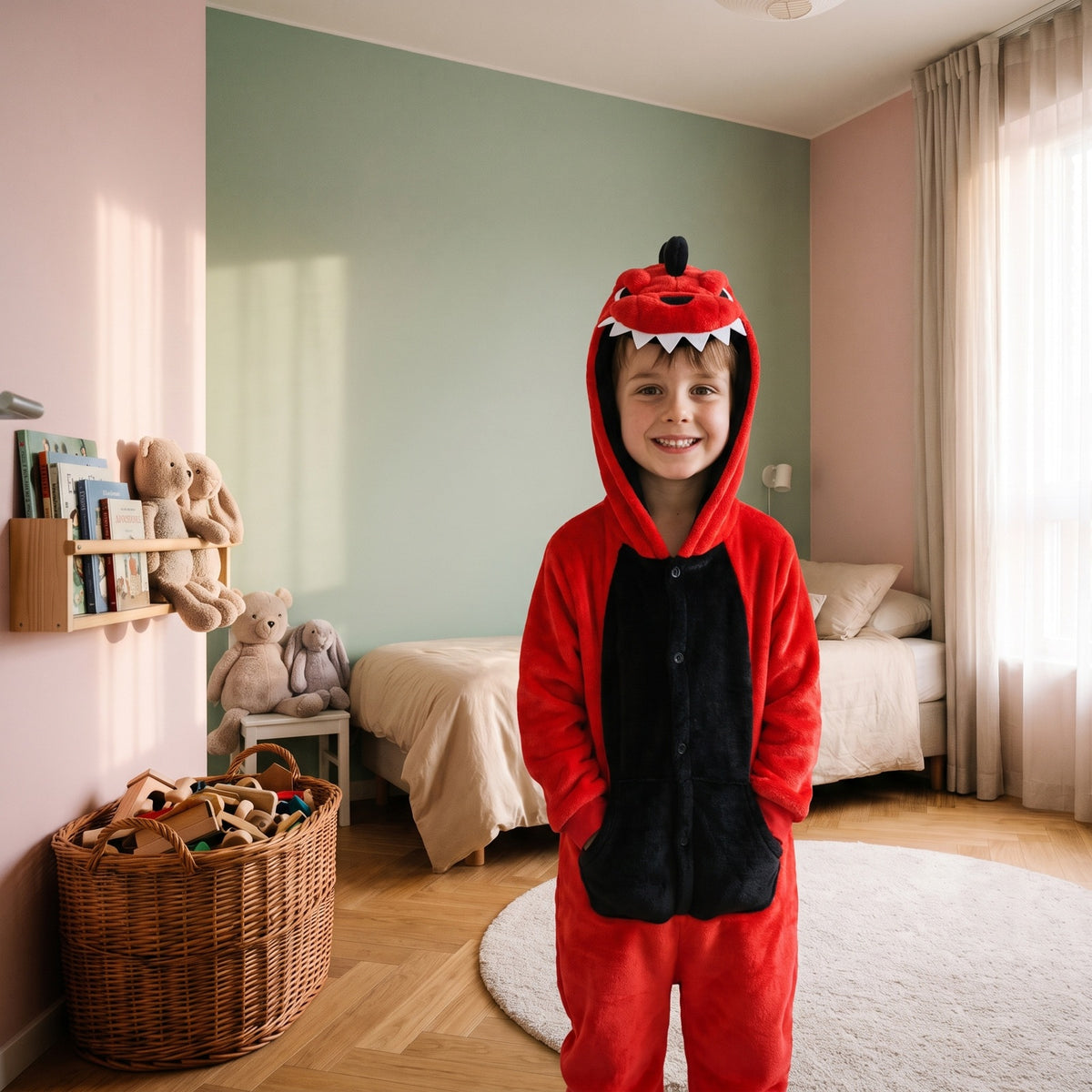 Enfant portant la combinaison pyjama dinosaure rouge à capuche