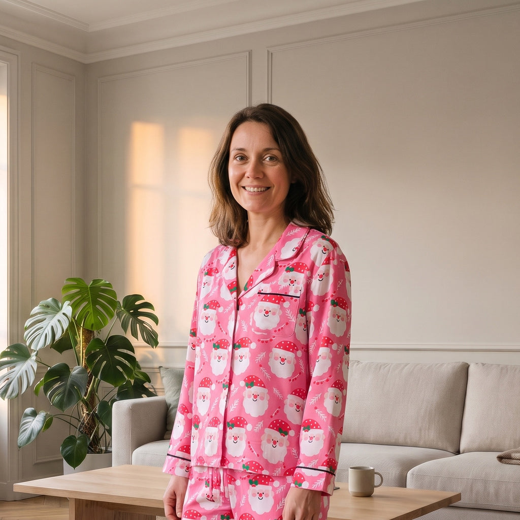 Pyjama de Noël femme fuchsia à Pères Noël en salon, porté à mi-cuisse