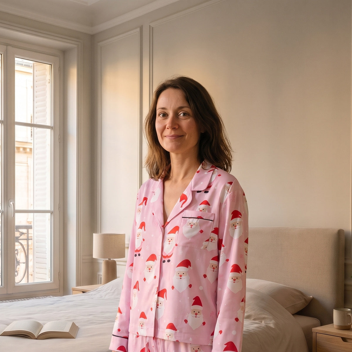 Pyjama de Noël femme rose pastel à Pères Noël en chambre, porté à mi-cuisse