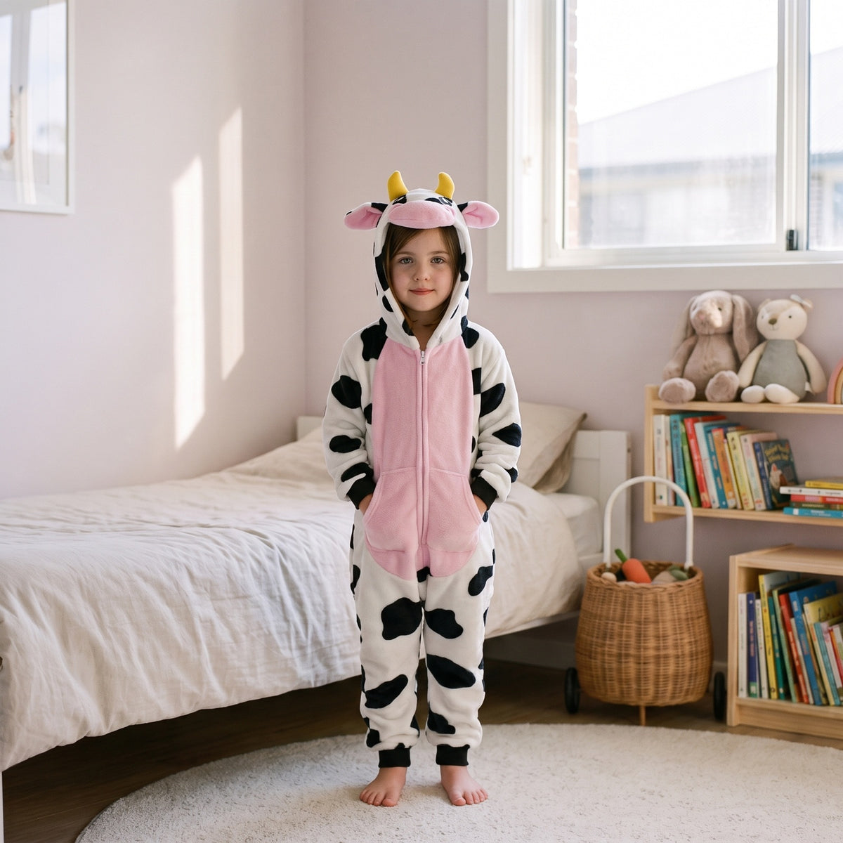 Enfant portant la combinaison pyjama vache à capuche