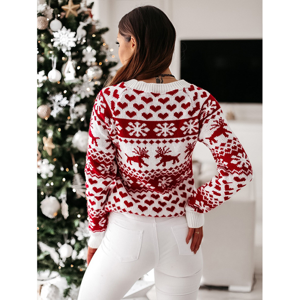 Vue de dos du pull de Noël femme blanc à motifs rouges