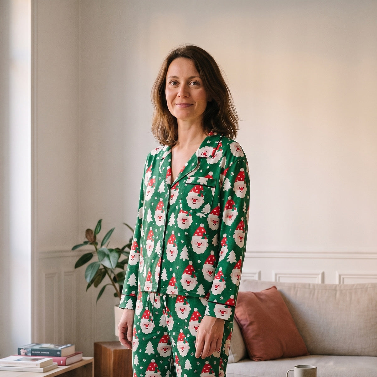 Pyjama de Noël femme vert à Pères Noël en salon, porté à mi-cuisse