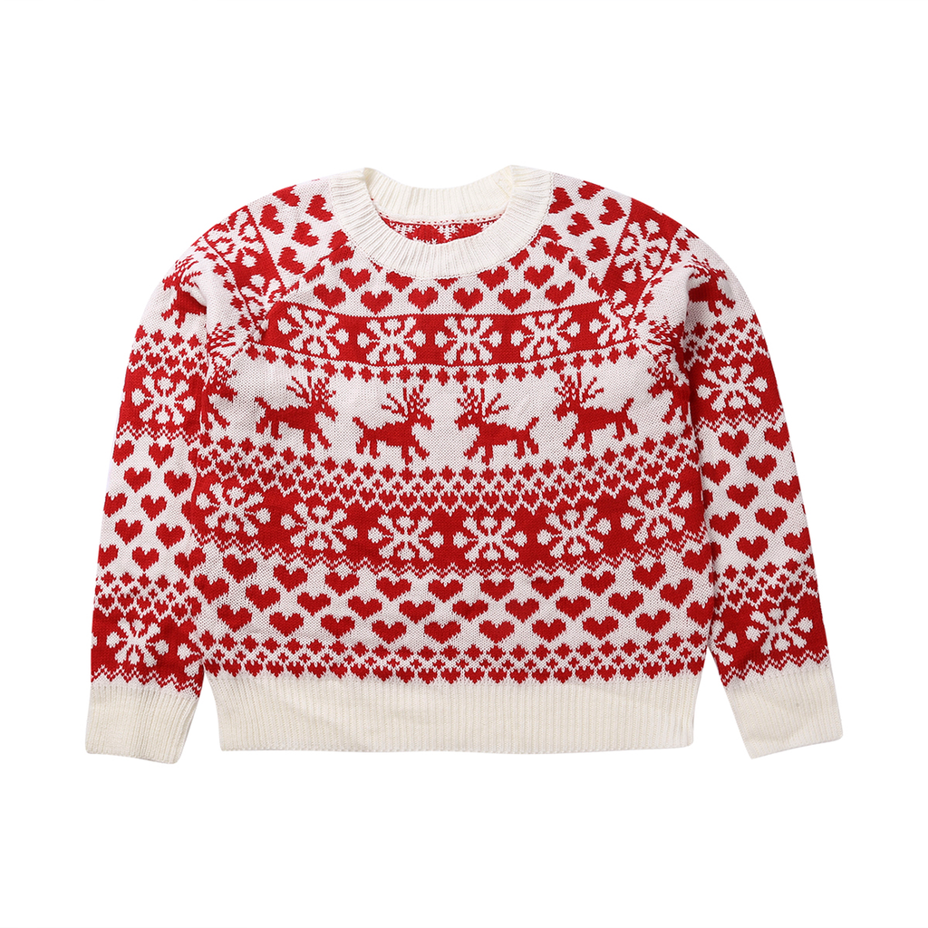 Pull de Noël femme blanc à motifs rouges présenté à plat