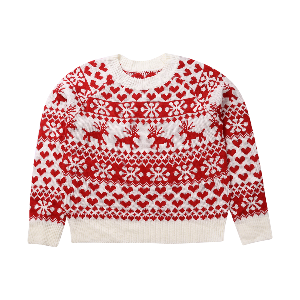 Pull de Noël femme blanc à motifs rouges présenté à plat
