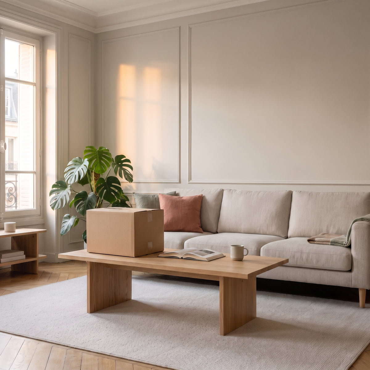 Colis fermé sur une table basse dans un salon chaleureux