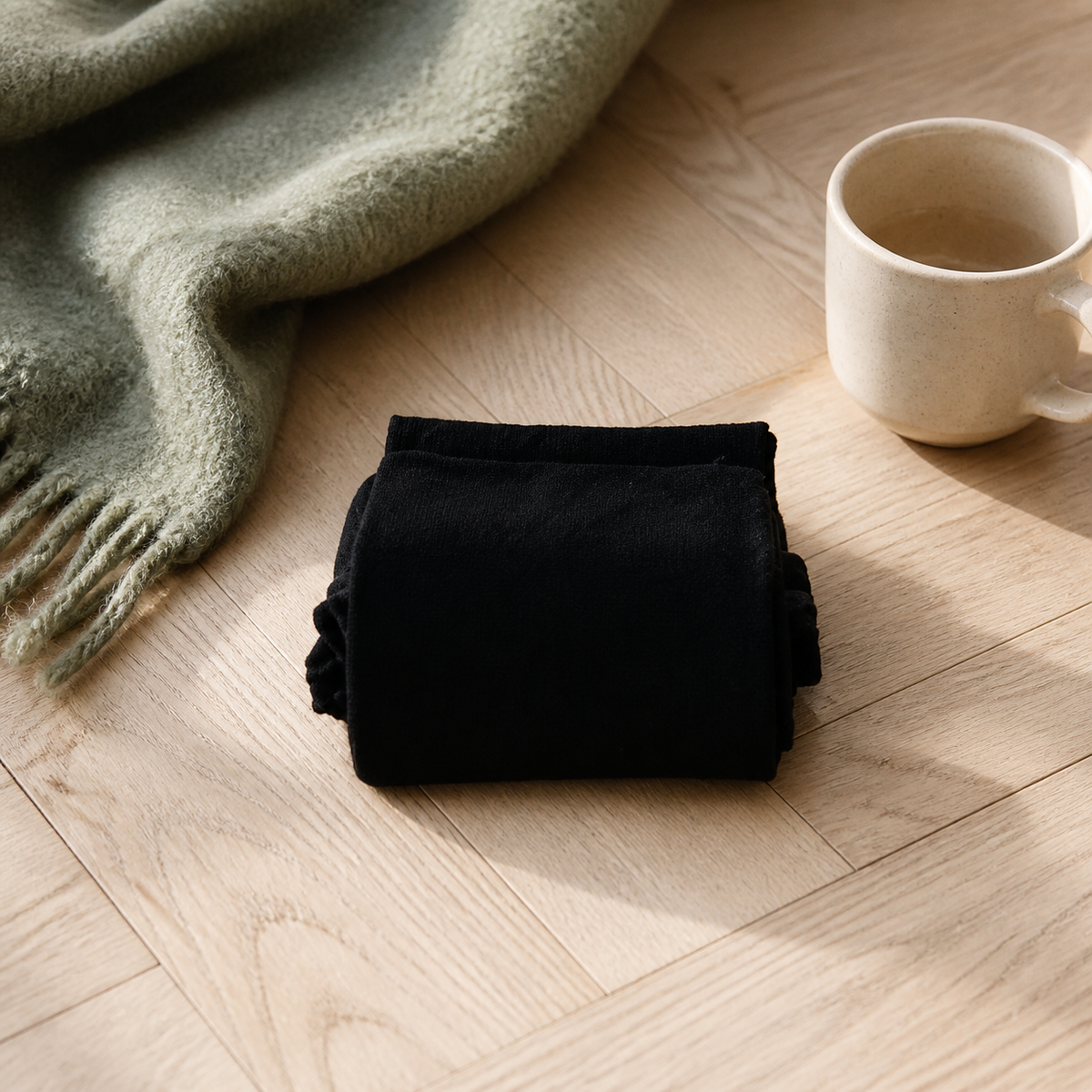 Chaussettes hautes femme coloris noir pliées sur un parquet clair