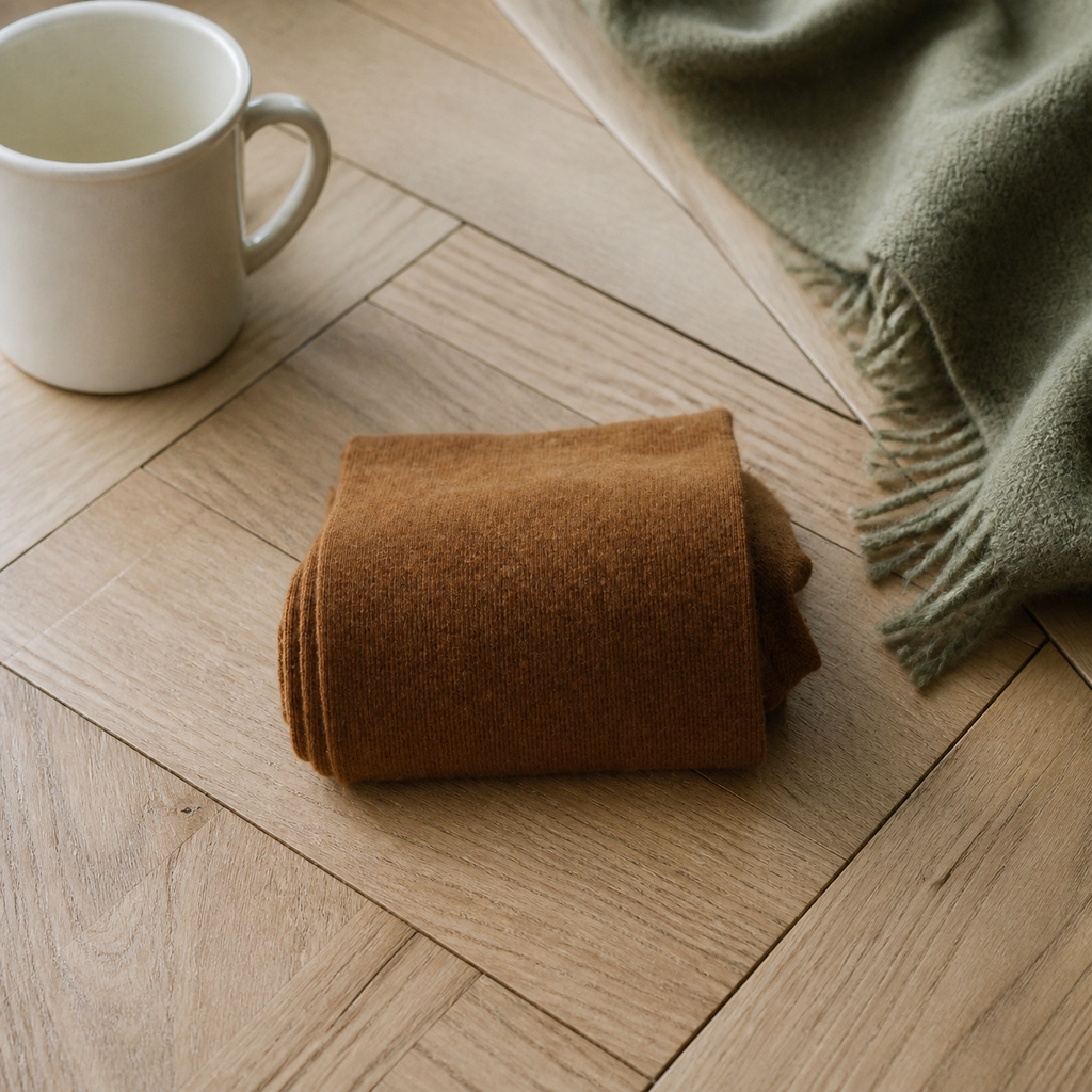 Chaussettes hautes femme coloris chocolat pliées sur un parquet clair