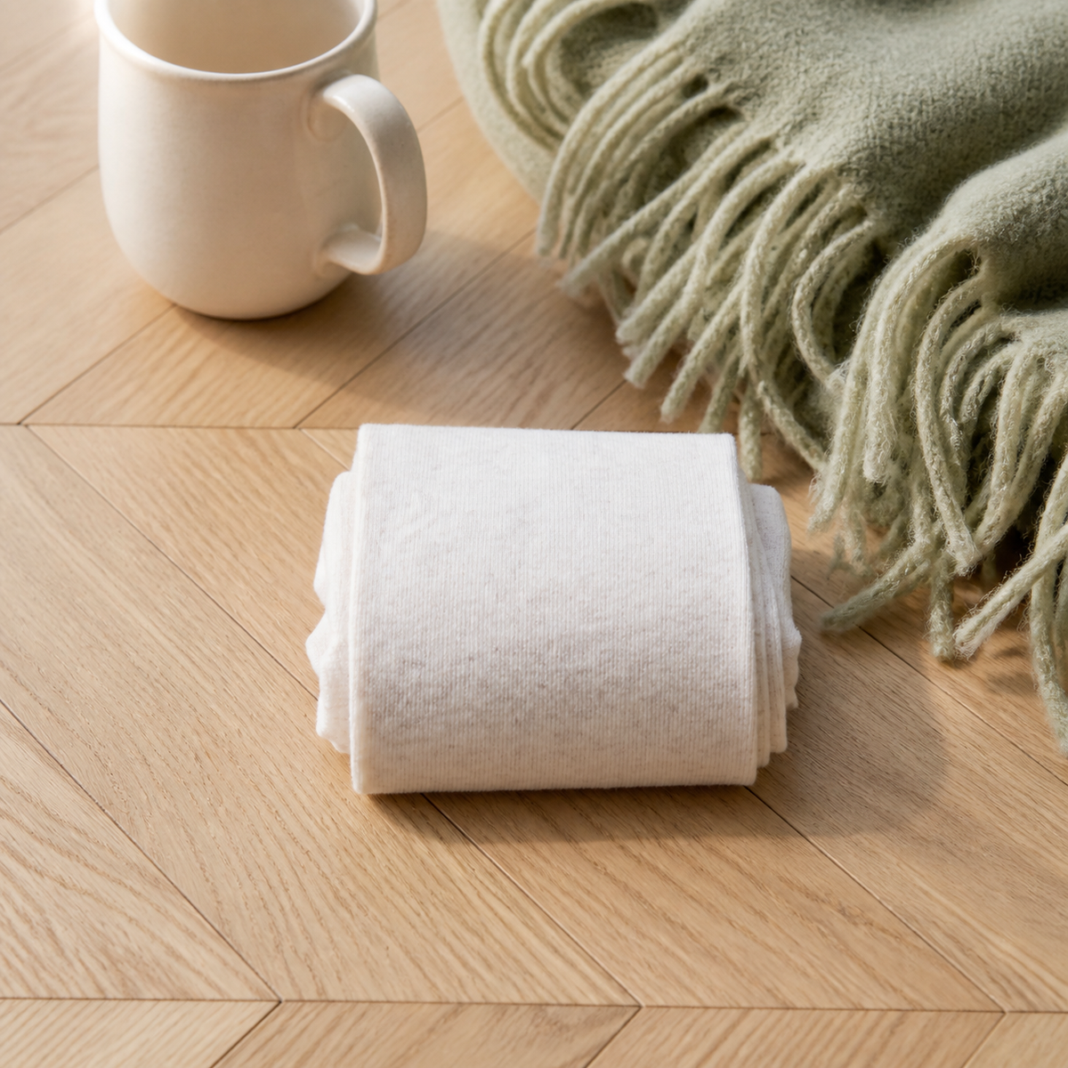 Chaussettes hautes femme coloris beige pliées sur un parquet clair