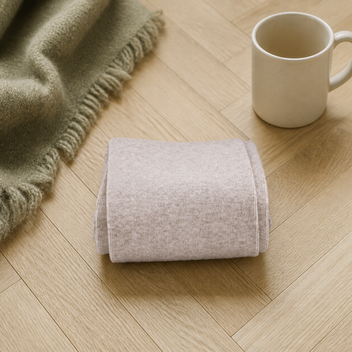 Chaussettes hautes femme coloris marron clair pliées sur un parquet clair