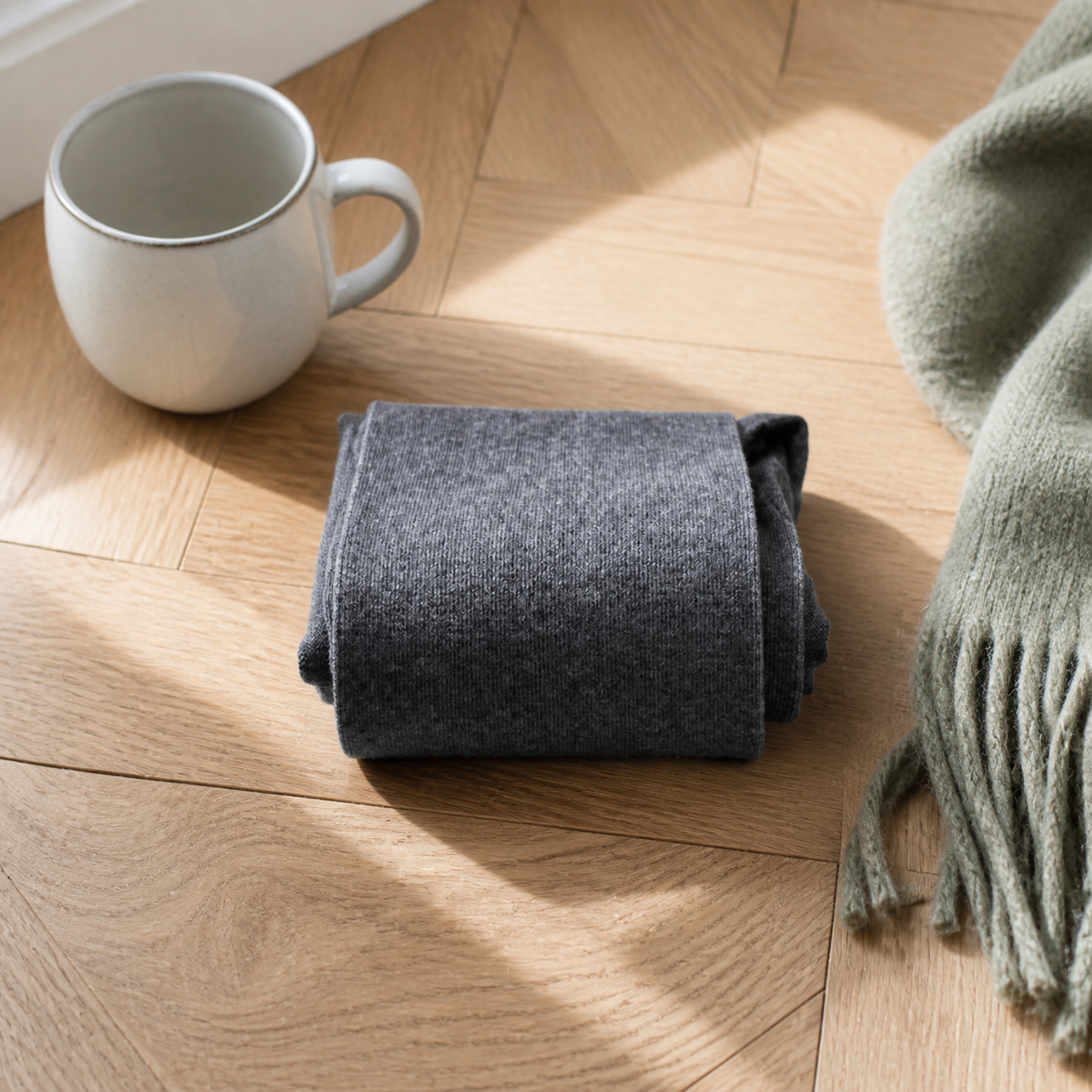 Chaussettes hautes femme coloris gris foncé pliées sur un parquet clair