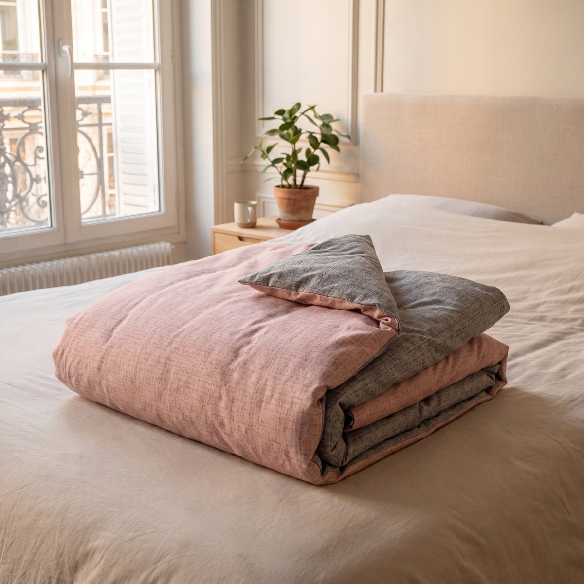 Housse de couette réversible rose poudré pliée au pied du lit