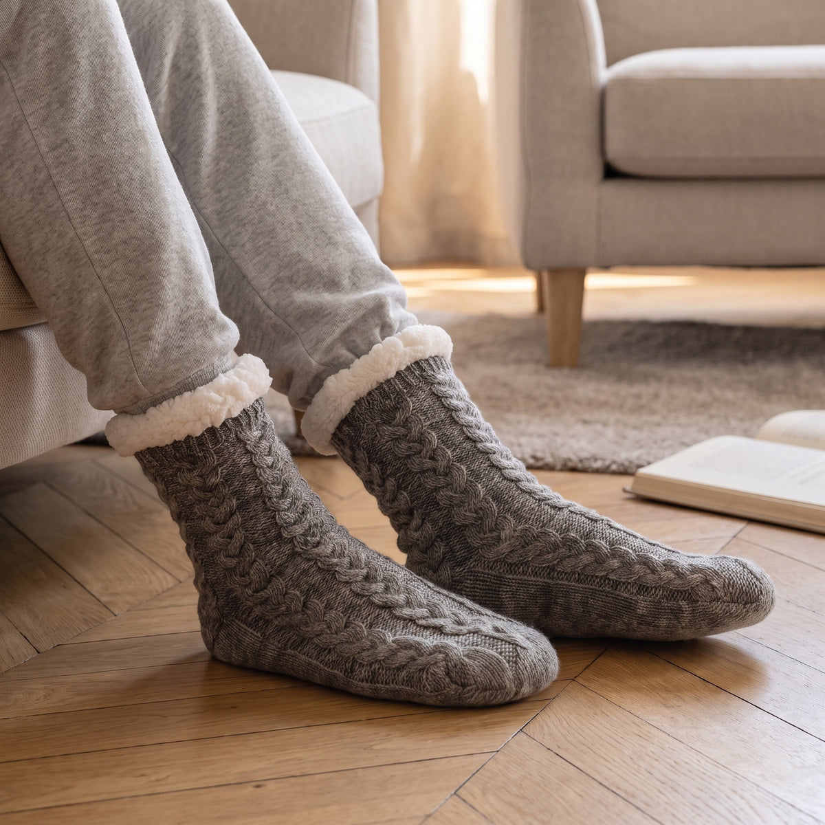 Chaussettes homme fourrées gris clair, pieds chaussés au sol, jambe couverte par un pantalon d'intérieur, dans un coin lecture chaleureux