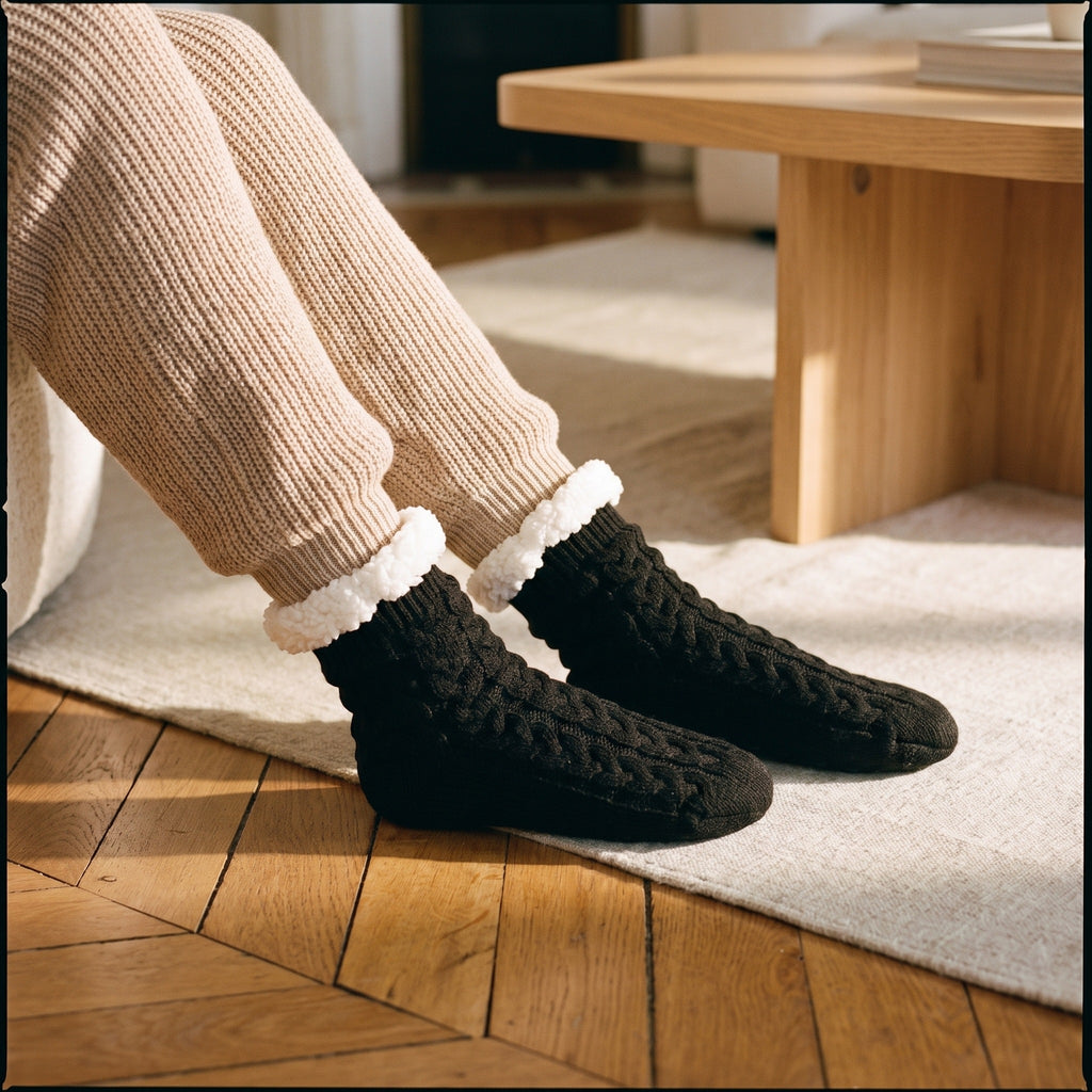 Chaussettes homme fourrées noires, pieds chaussés au sol, jambe couverte par un pantalon d'intérieur, dans un salon chaleureux au parquet clair
