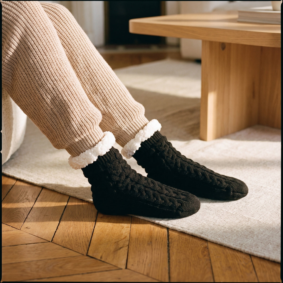 Chaussettes homme fourrées noires, pieds chaussés au sol, jambe couverte par un pantalon d'intérieur, dans un salon chaleureux au parquet clair