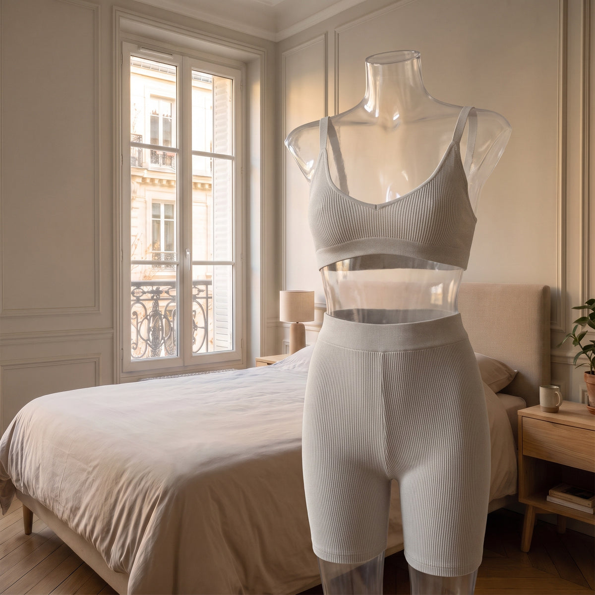 Ensemble d'intérieur femme en maille côtelée beige, débardeur et short, dans une chambre