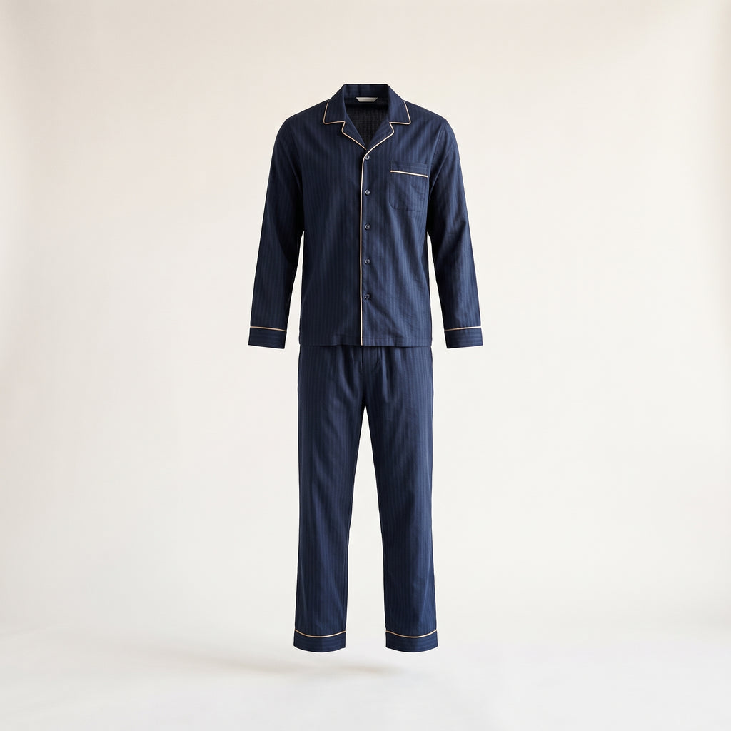 Pyjama homme rayé bleu marine en ghost sur fond blanc cassé uni