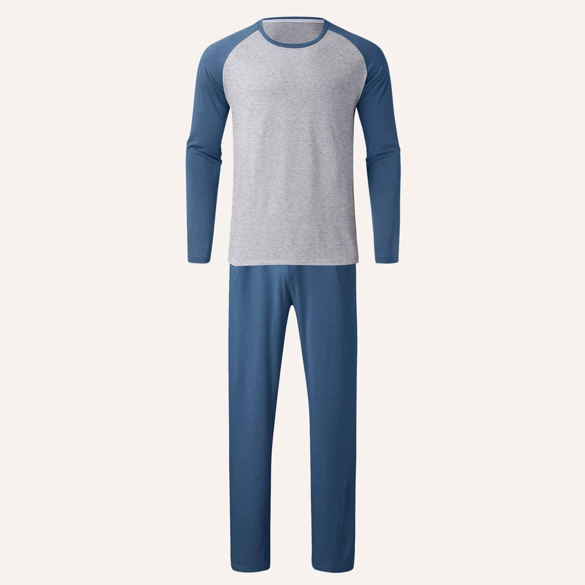 Pyjama homme bicolore gris et bleu deux pièces présenté sur fond ivoire