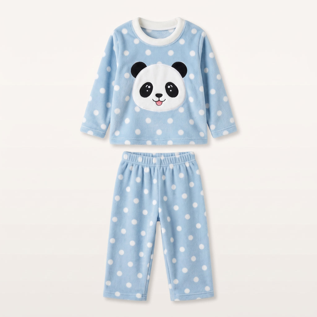 Pyjama enfant bleu à motif panda présenté sur fond blanc cassé uni