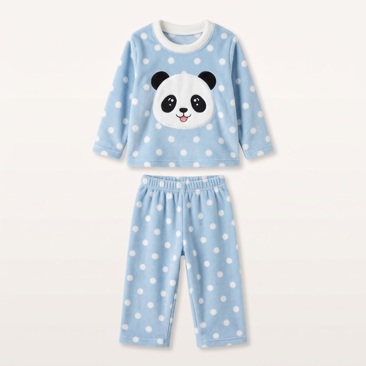 Pyjama enfant bleu à motif panda présenté sur fond blanc cassé uni