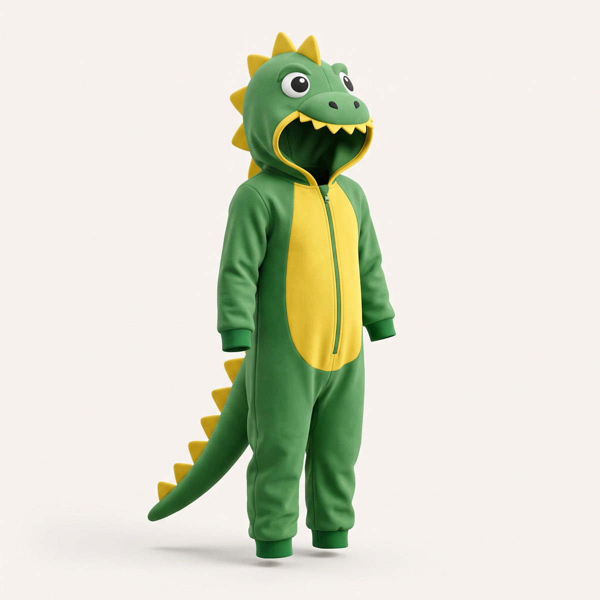 Combinaison pyjama dinosaure vert sur fond blanc cassé uni