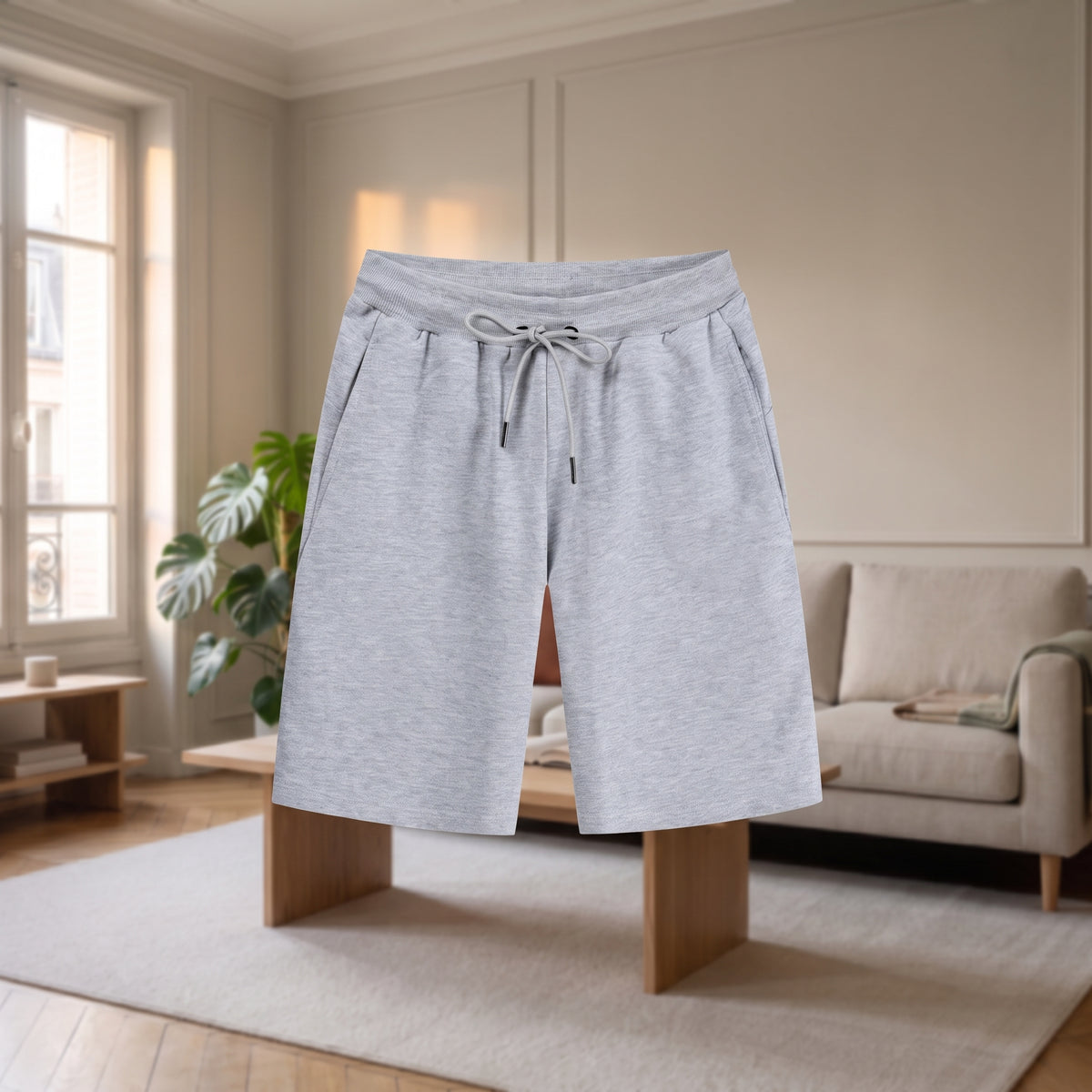 Coupe du short bermuda en coton gris chiné vue de face