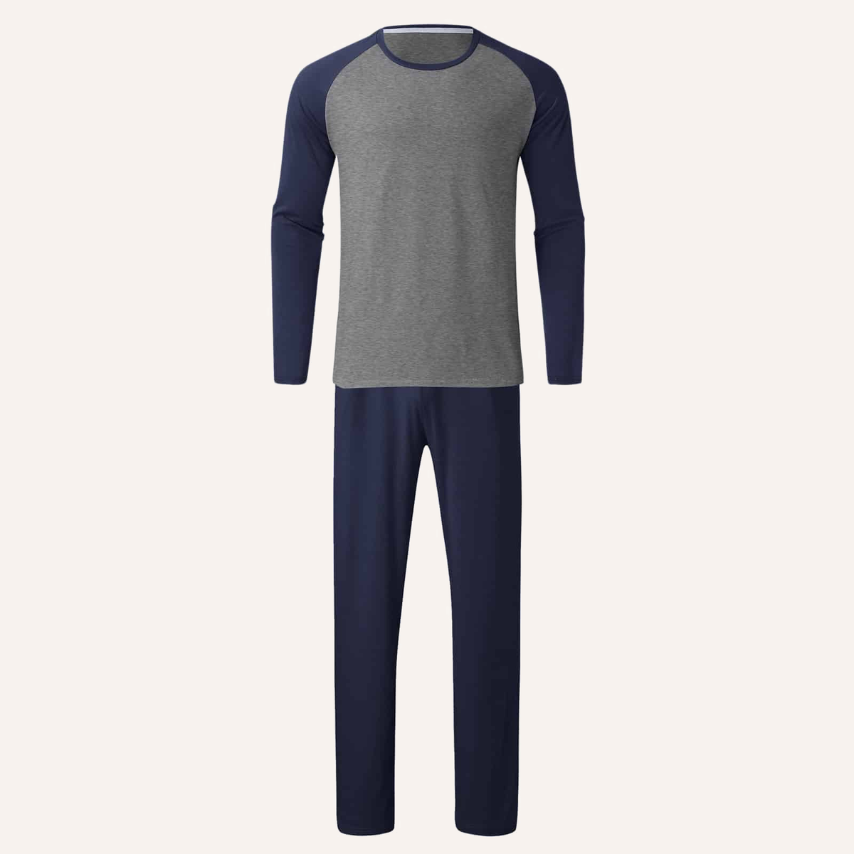 Pyjama homme bicolore gris et bleu marine deux pièces présenté sur fond ivoire