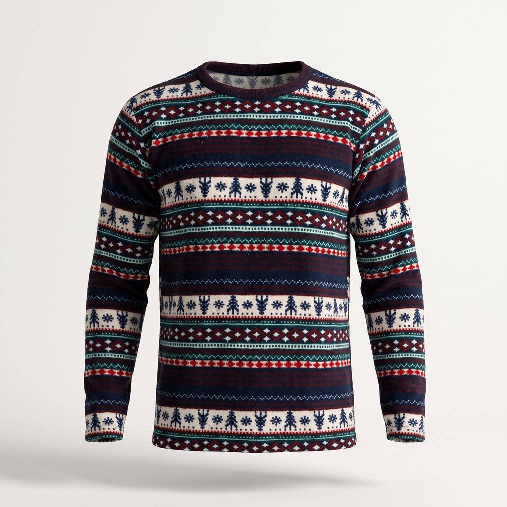Haut de pyjama polaire à jacquard nordique vu de face sans mannequin, col rond et manches longues
